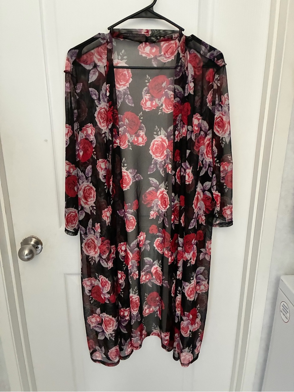 Sheer Black Floral Long Kimono Robe with Pink & Red Roses